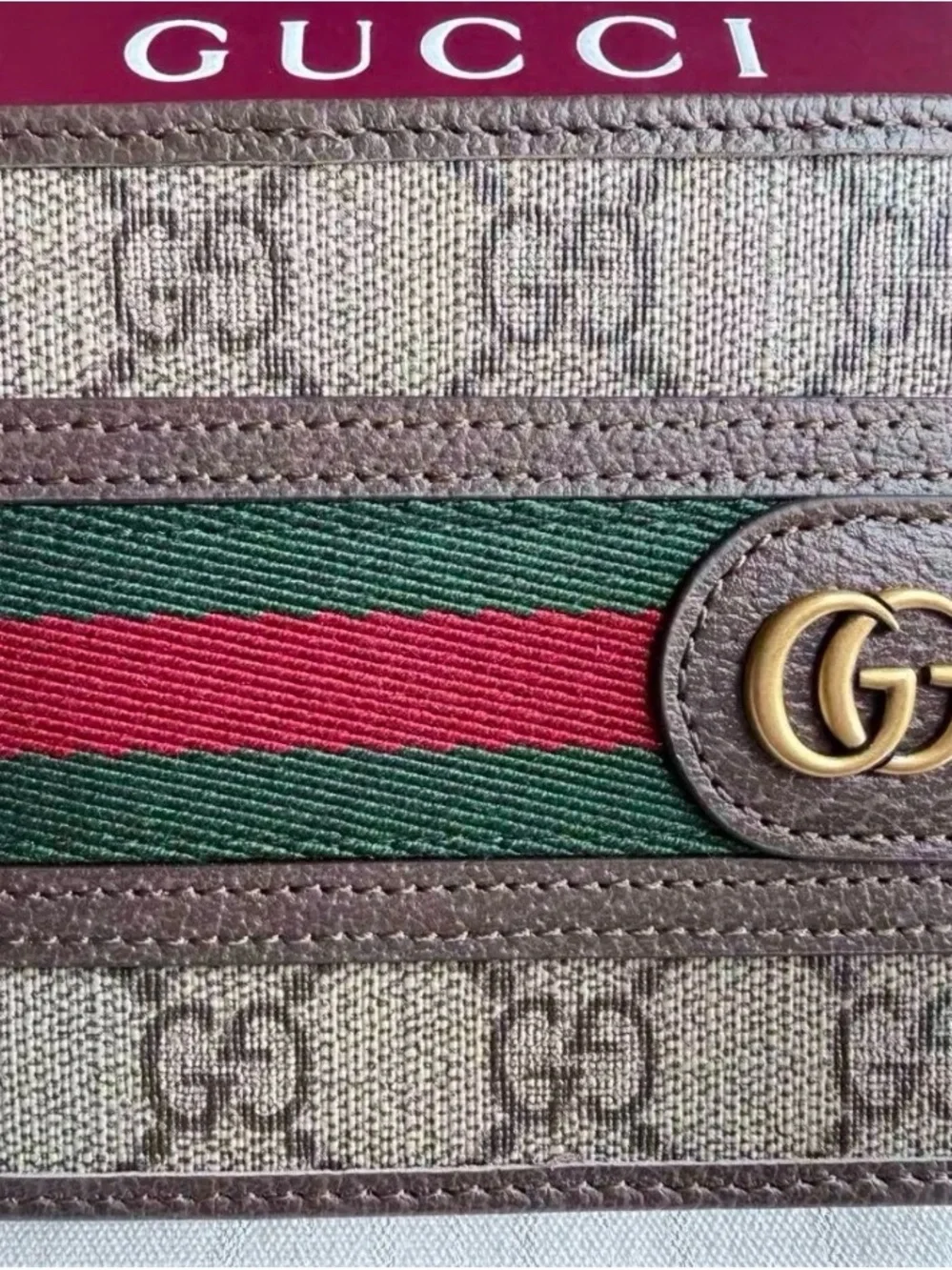 Gucci Brown Leather & Green-Red Web Stripe Card Holder with Gold GG